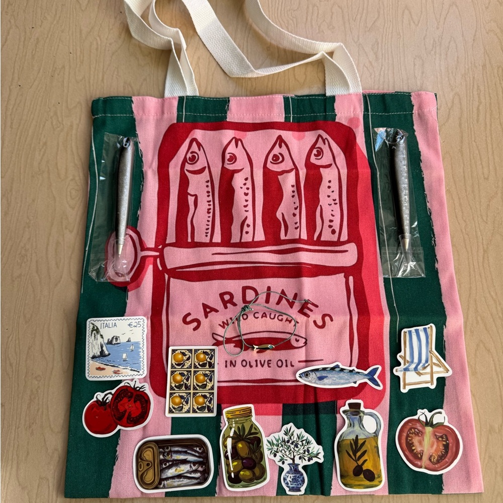 Sardines Print Pink & Green Canvas Tote Bag